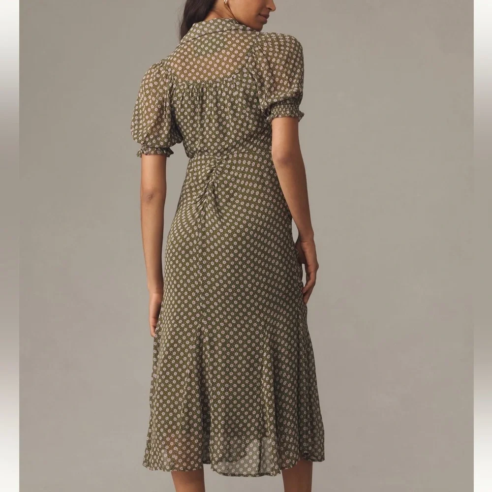 By Anthropologie Puff-Sleeve Ruched Mesh Midi Shirt Dress - Picture 6 of 7
